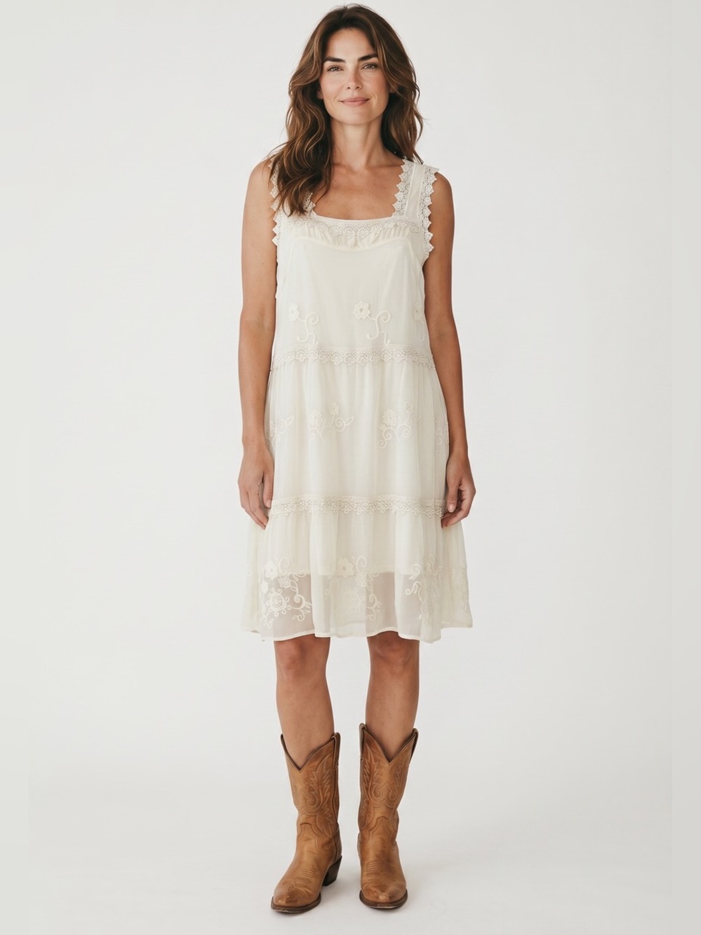 RU Cowgirl Cream Lace Tiered Dress Floral Embroidered Boho Sz L